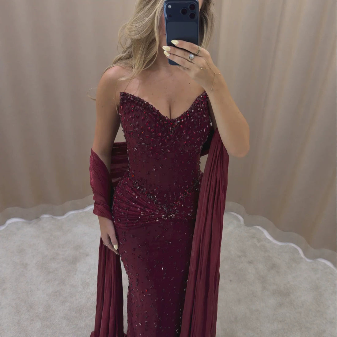 Luxury Wine Red Beaded Mermaid Evening Dress LA73959