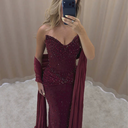 Luxury Wine Red Beaded Mermaid Evening Dress LA73959