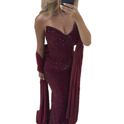 Luxury Wine Red Beaded Mermaid Evening Dress LA73959