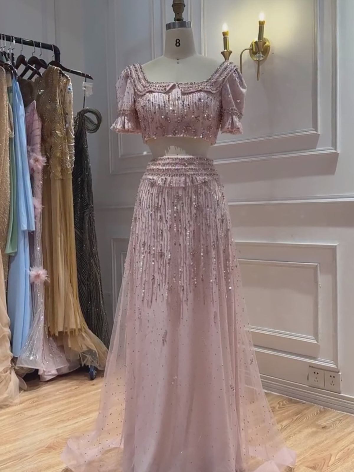 Pink Crystal Beaded Two Piece A Line Evening Dress LA73960
