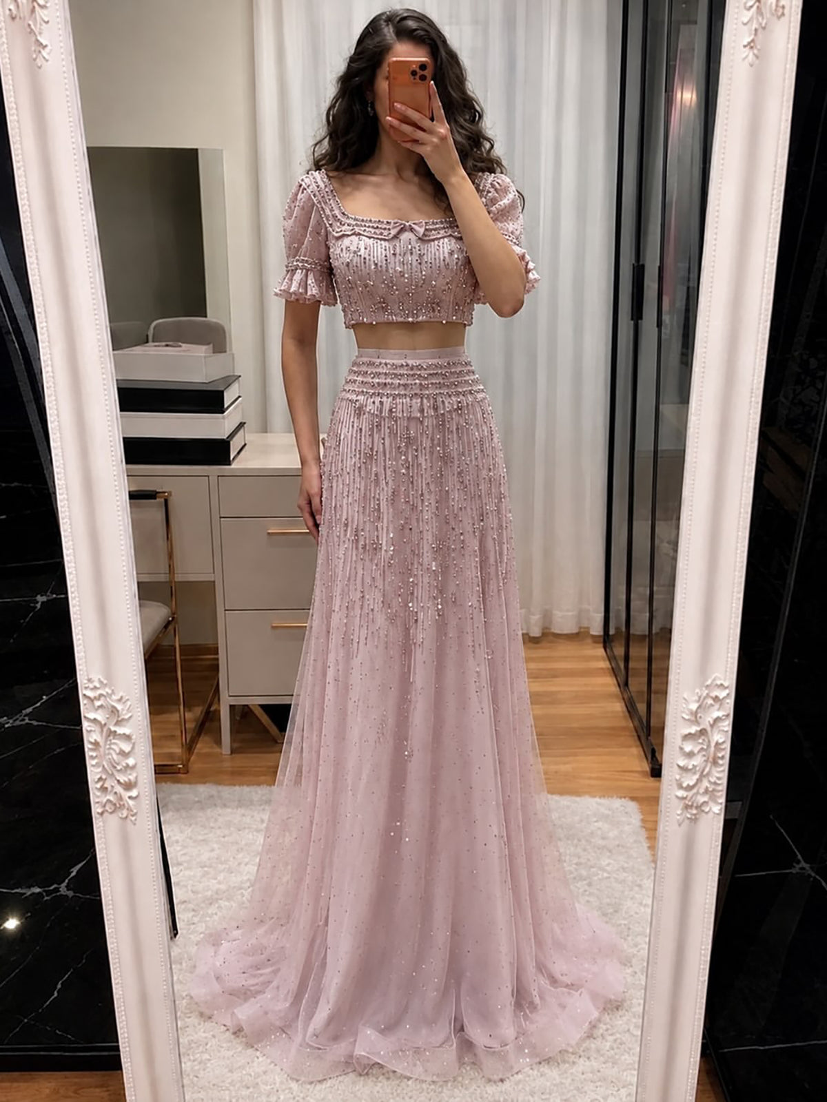 Pink Crystal Beaded Two Piece A Line Evening Dress LA73960