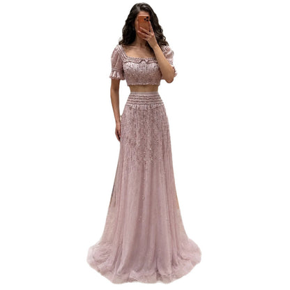 Pink Crystal Beaded Two Piece A Line Evening Dress LA73960