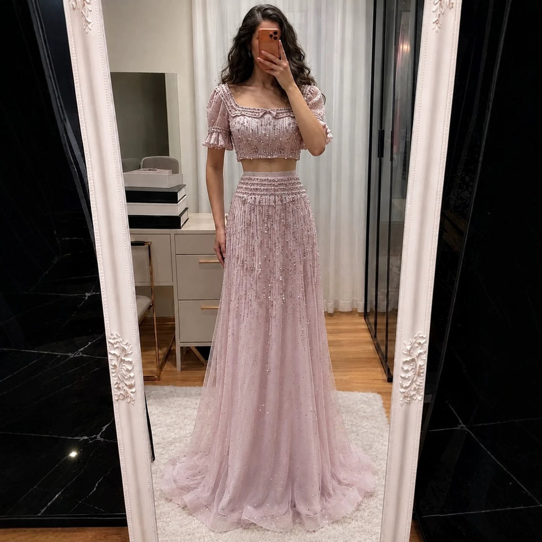 Pink Crystal Beaded Two Piece A Line Evening Dress LA73960