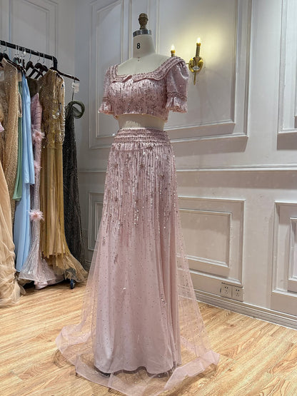 Pink Crystal Beaded Two Piece A Line Evening Dress LA73960