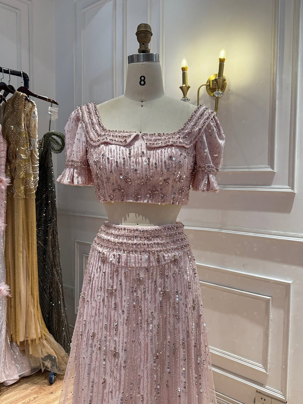 Pink Crystal Beaded Two Piece A Line Evening Dress LA73960