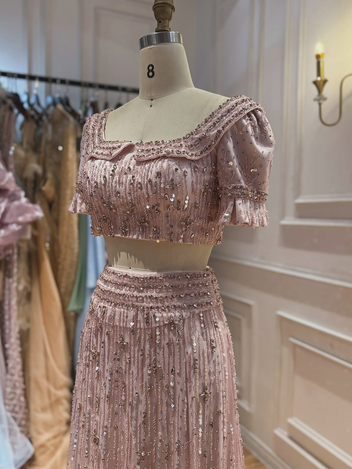 Pink Crystal Beaded Two Piece A Line Evening Dress LA73960
