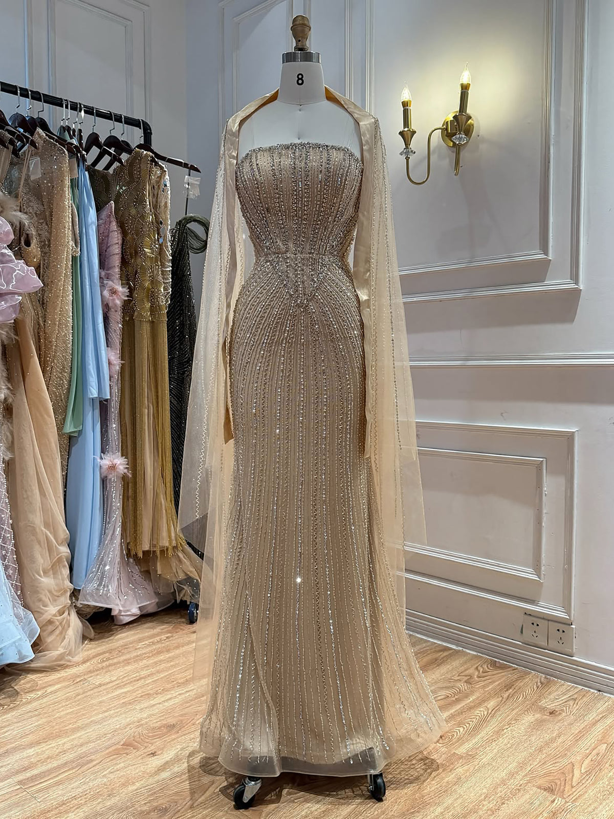 Pink Crystal Beaded Mermaid Evening Dress With Shawl LA73961