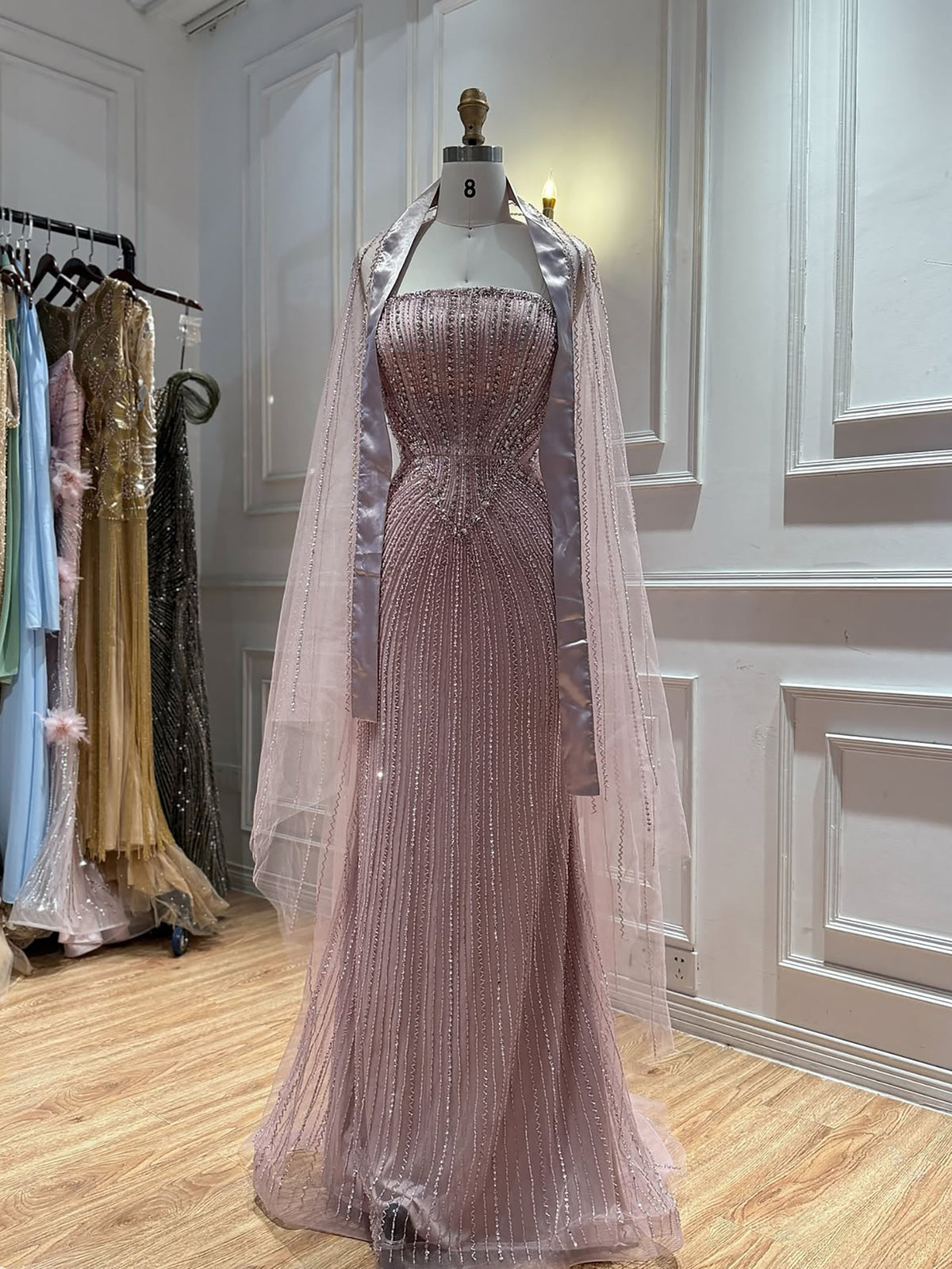 Pink Crystal Beaded Mermaid Evening Dress With Shawl LA73961