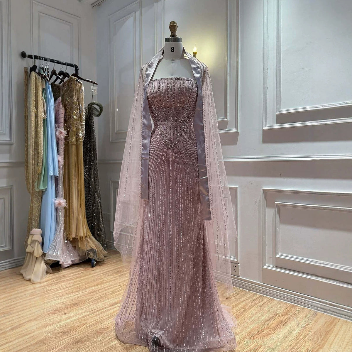 Pink Crystal Beaded Mermaid Evening Dress With Shawl LA73961