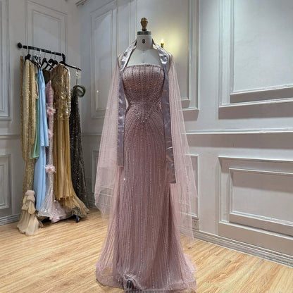 Pink Crystal Beaded Mermaid Evening Dress With Shawl LA73961