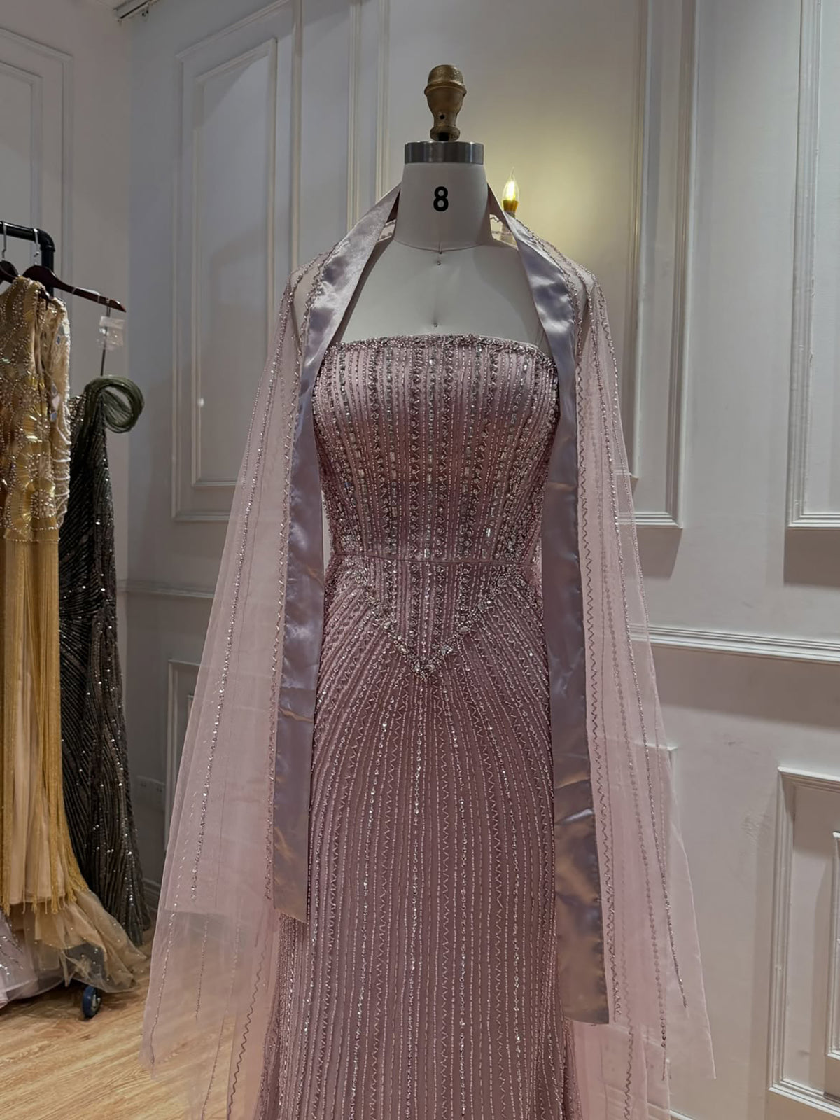 Pink Crystal Beaded Mermaid Evening Dress With Shawl LA73961