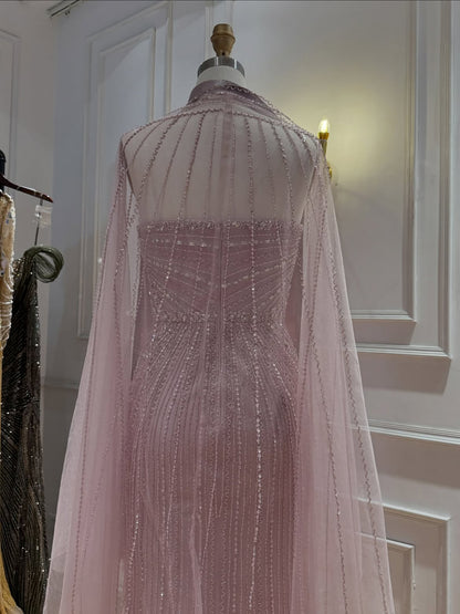 Pink Crystal Beaded Mermaid Evening Dress With Shawl LA73961