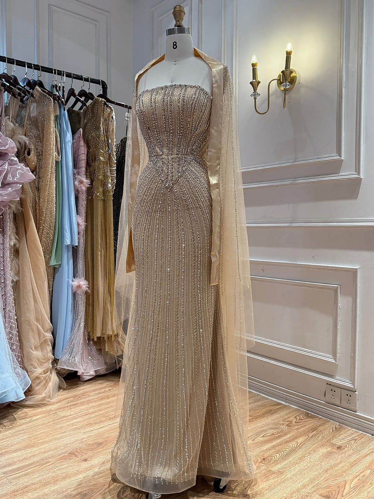 Pink Crystal Beaded Mermaid Evening Dress With Shawl LA73961