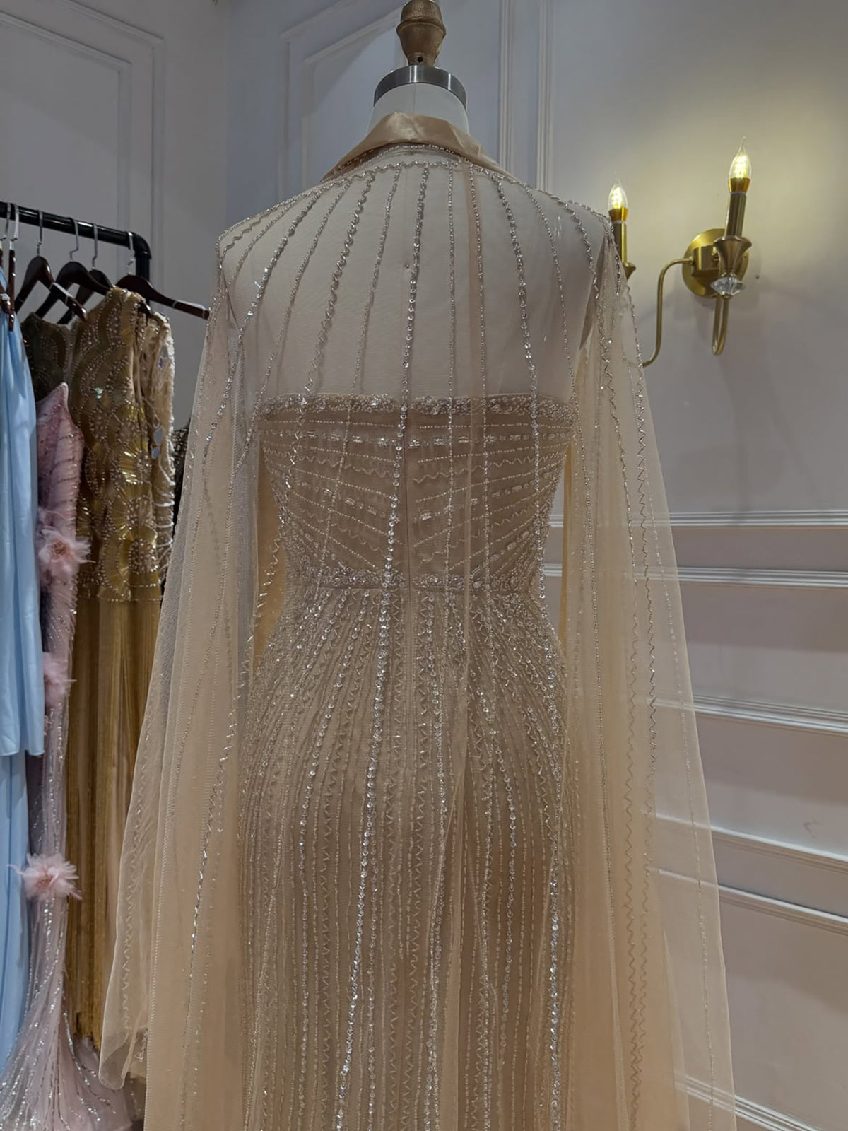 Pink Crystal Beaded Mermaid Evening Dress With Shawl LA73961