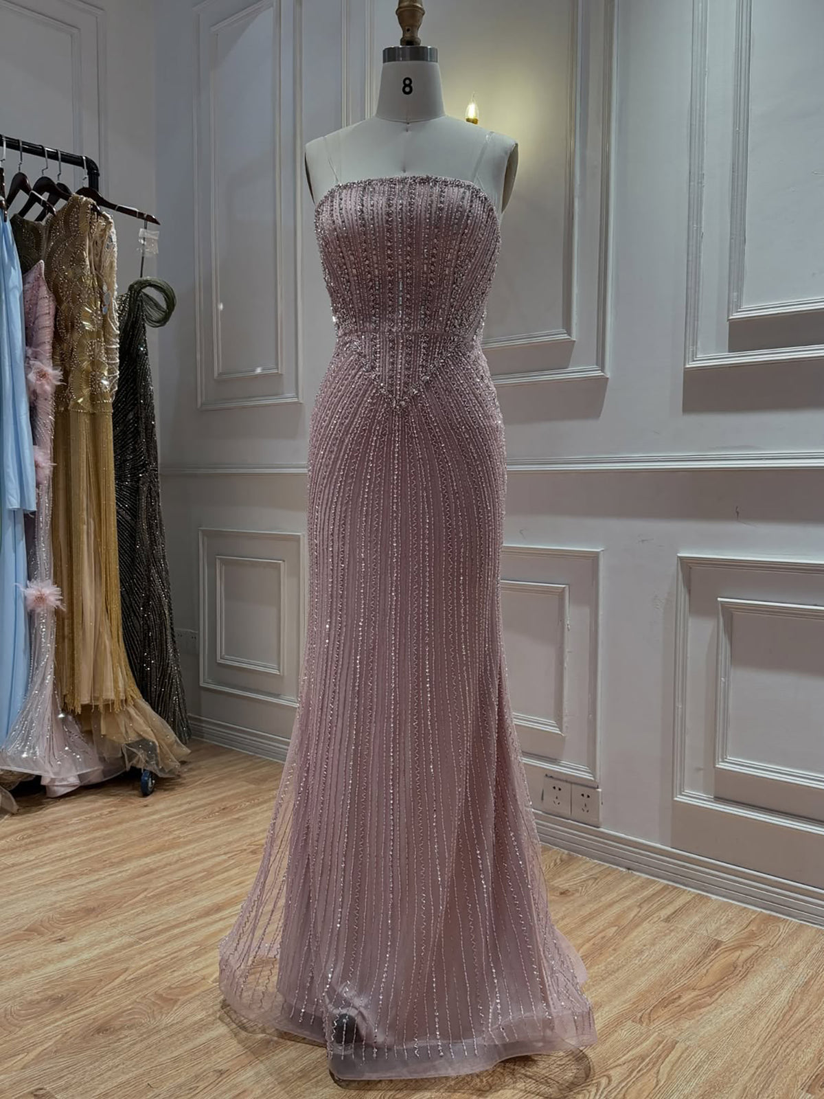 Pink Crystal Beaded Mermaid Evening Dress With Shawl LA73961