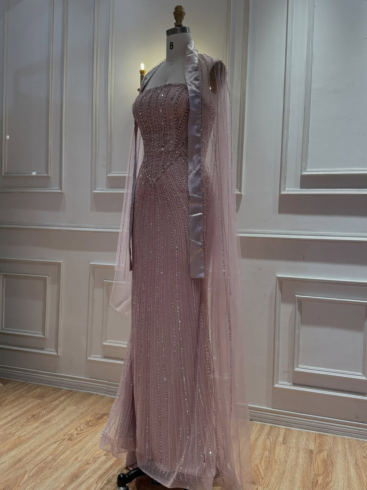 Pink Crystal Beaded Mermaid Evening Dress With Shawl LA73961