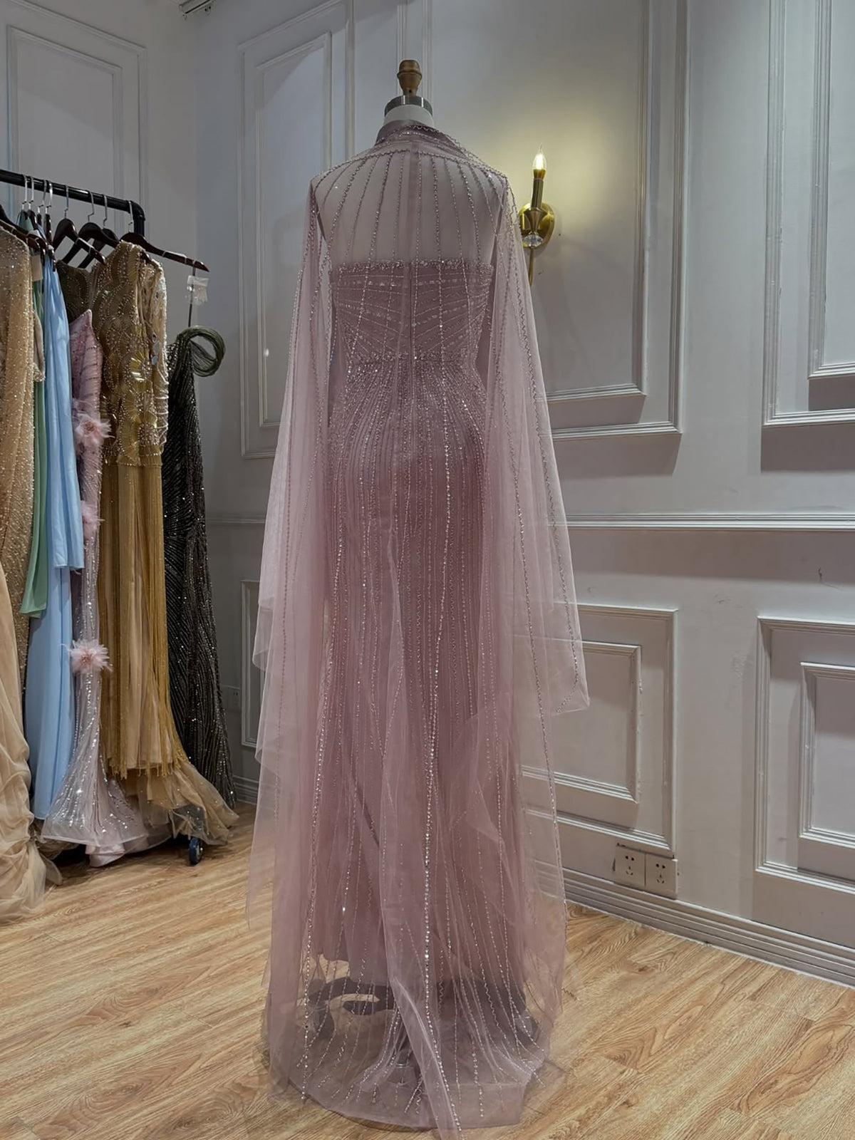 Pink Crystal Beaded Mermaid Evening Dress With Shawl LA73961