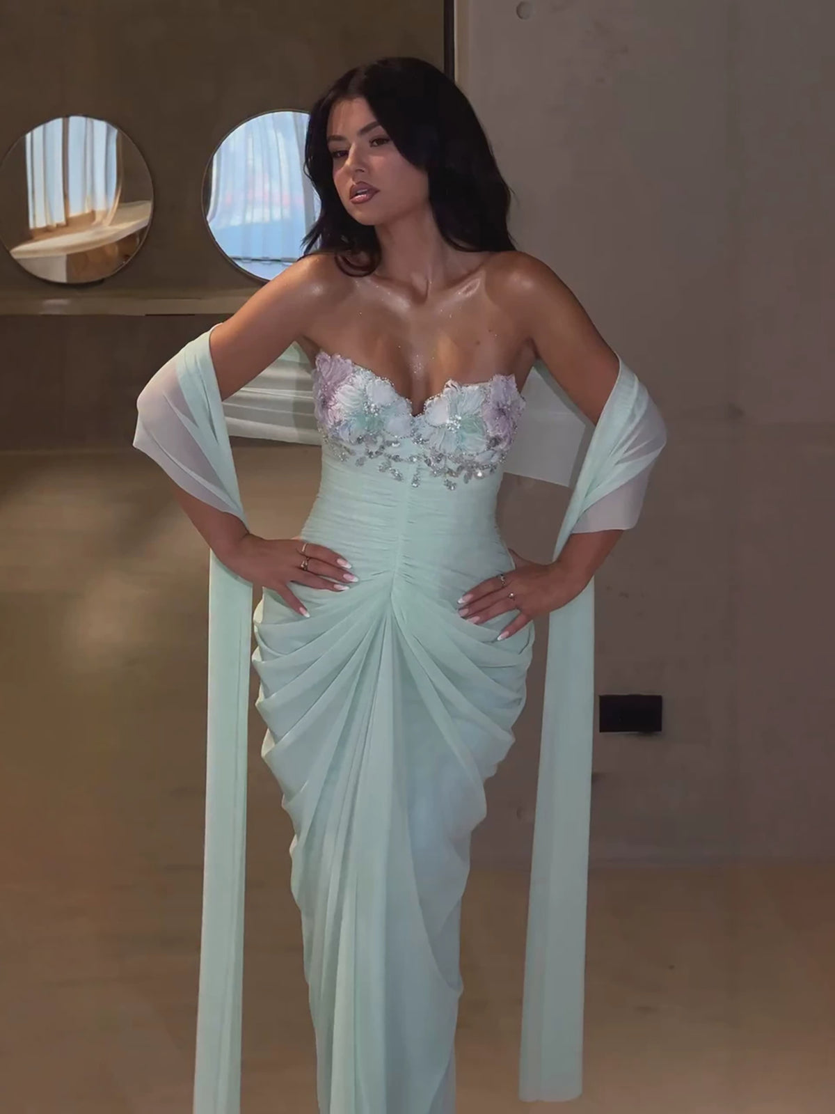 Luxury Sage Green Crystal Floral Mermaid Evening Dress LA73962