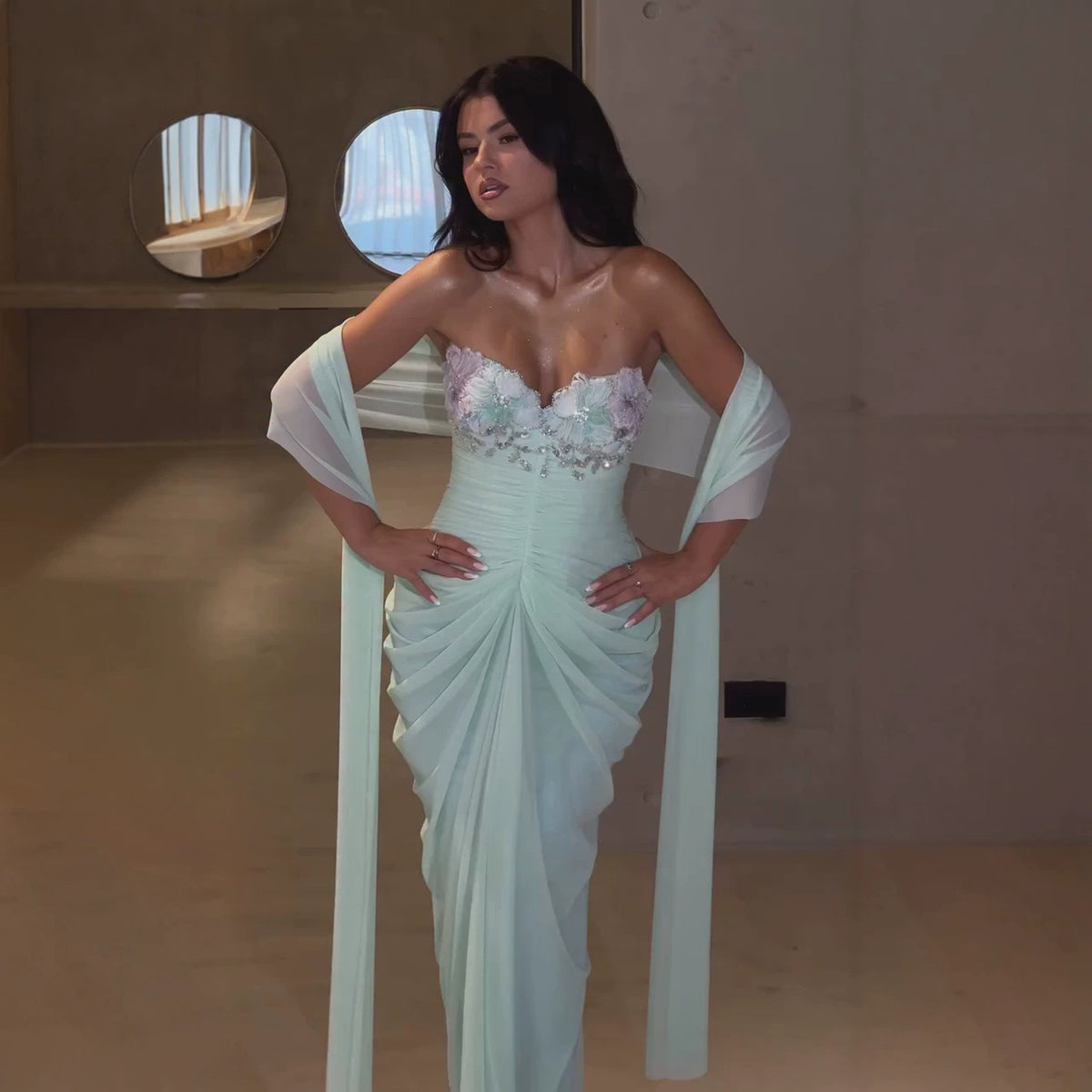 Luxury Sage Green Crystal Floral Mermaid Evening Dress LA73962