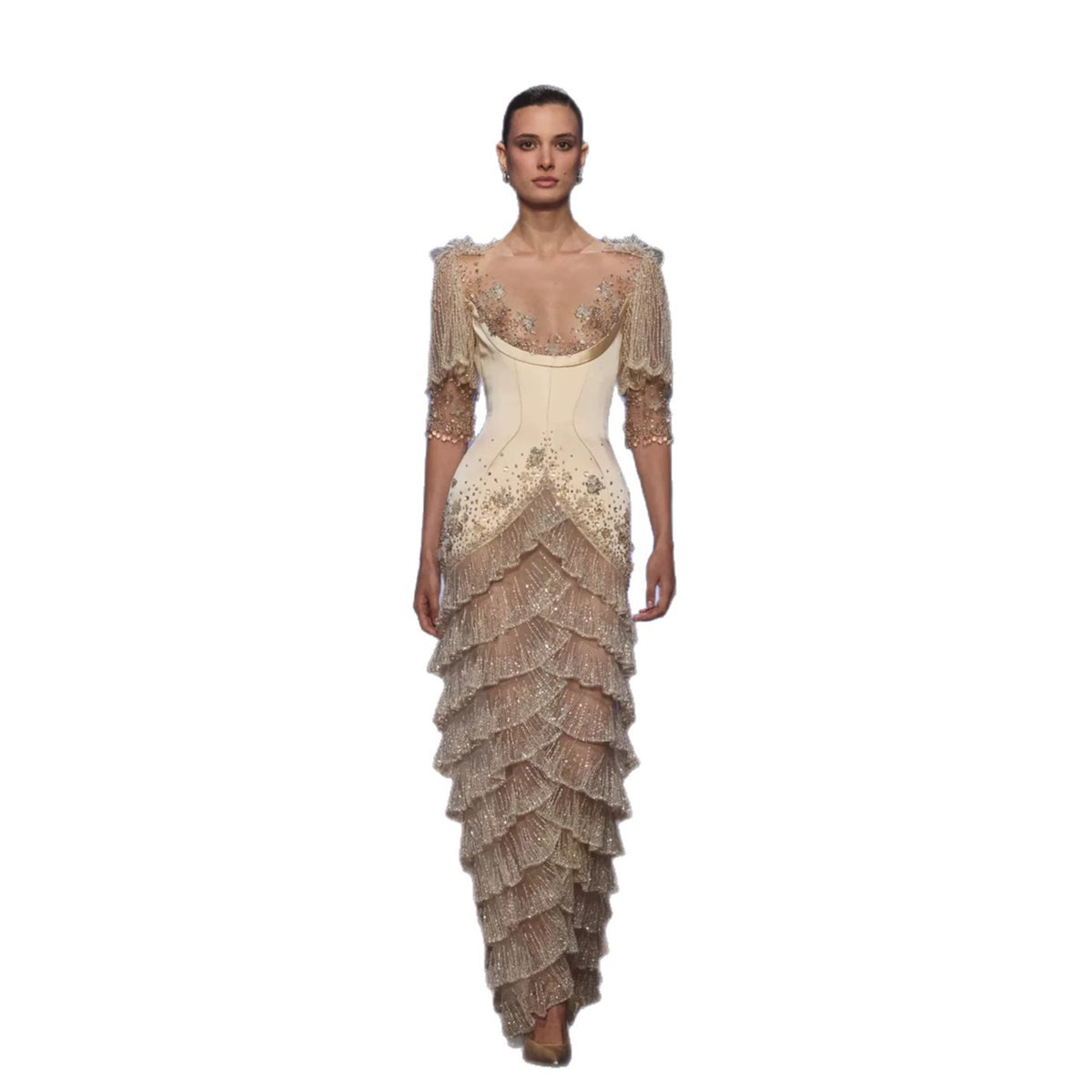 Luxury Beige Beaded Half Sleeve Tiered Mermaid Evening Dress LA73965