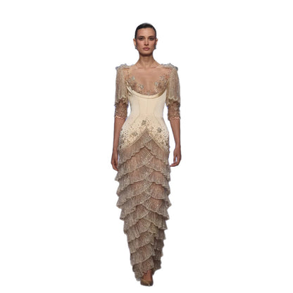 Luxury Beige Beaded Half Sleeve Tiered Mermaid Evening Dress LA73965