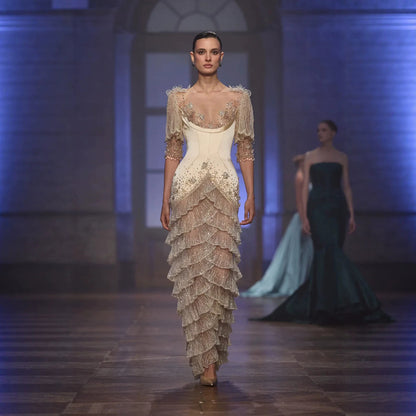 Luxury Beige Beaded Half Sleeve Tiered Mermaid Evening Dress LA73965