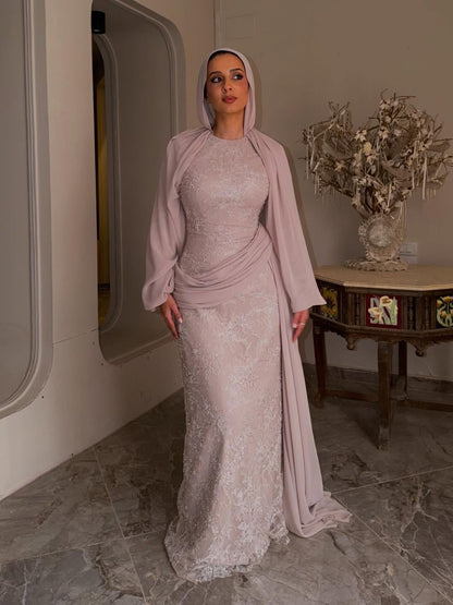 Luxury Nude Muslim Long Sleeve Lace Evening Dress LA73966