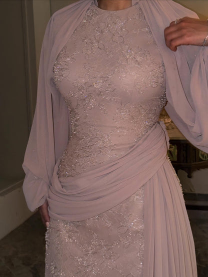 Luxury Nude Muslim Long Sleeve Lace Evening Dress LA73966