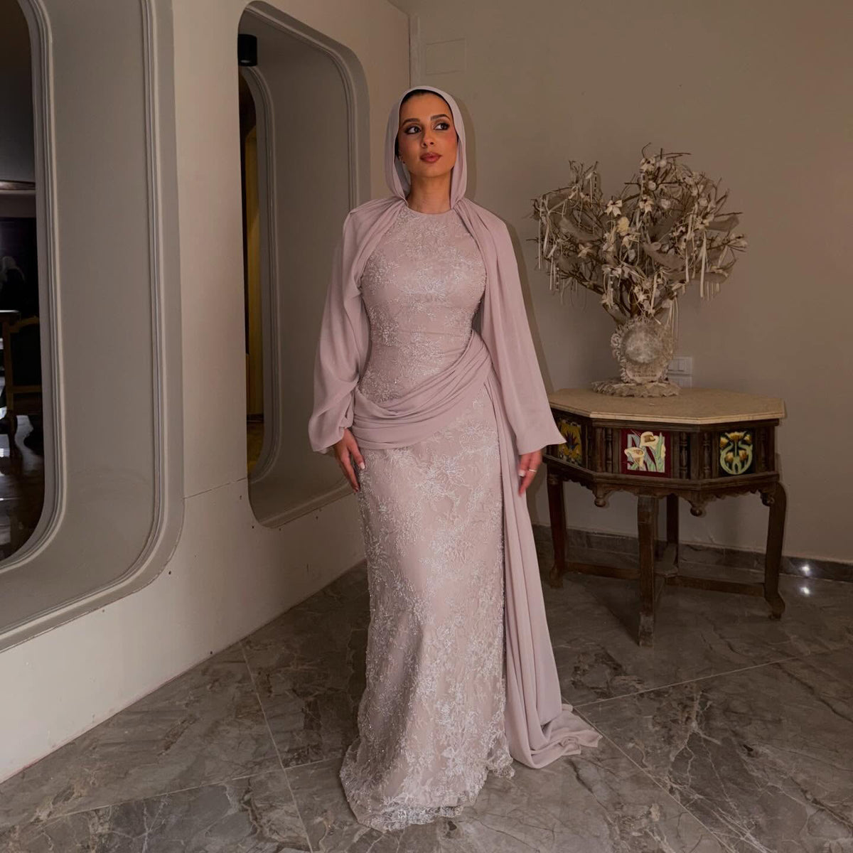 Luxury Nude Muslim Long Sleeve Lace Evening Dress LA73966