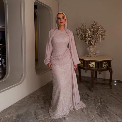 Luxury Nude Muslim Long Sleeve Lace Evening Dress LA73966