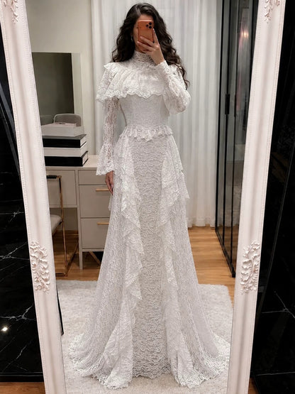 White High Neck Long Sleeve Lace Ruffle A Line Dress LA73968