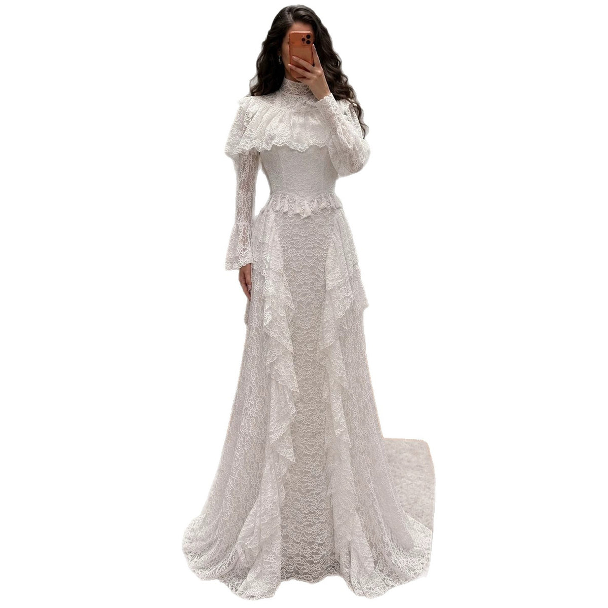 White High Neck Long Sleeve Lace Ruffle A Line Dress LA73968