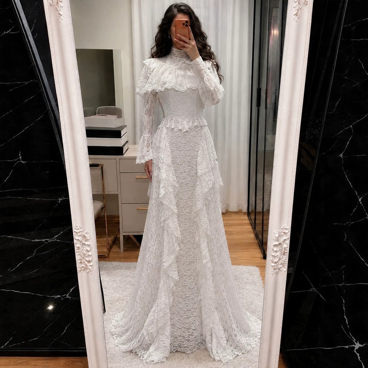 White High Neck Long Sleeve Lace Ruffle A Line Dress LA73968