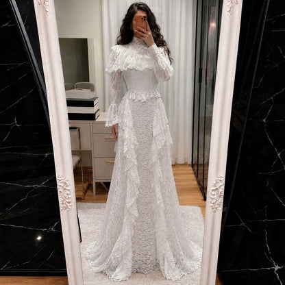 White High Neck Long Sleeve Lace Ruffle A Line Dress LA73968
