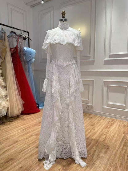 White High Neck Long Sleeve Lace Ruffle A Line Dress LA73968