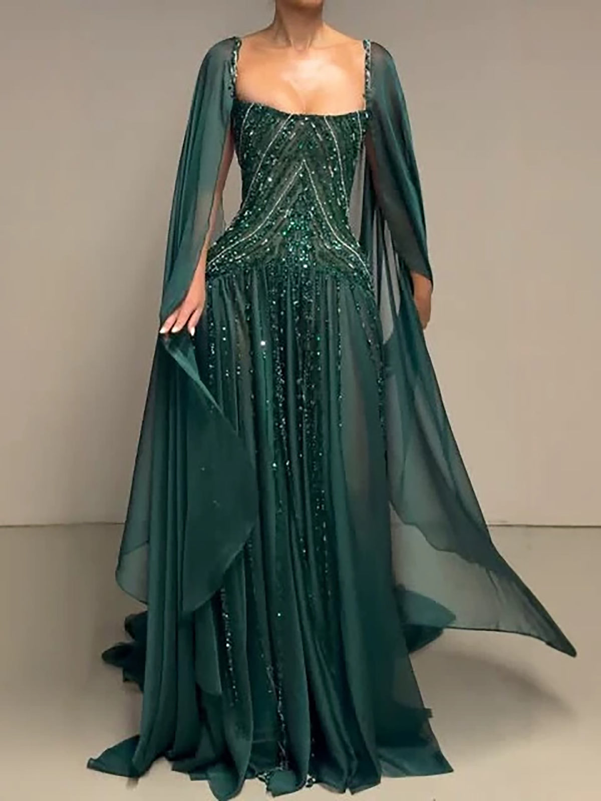 Luxury Green Beaded Cape Sleeves A Line Evening Dress LA73969