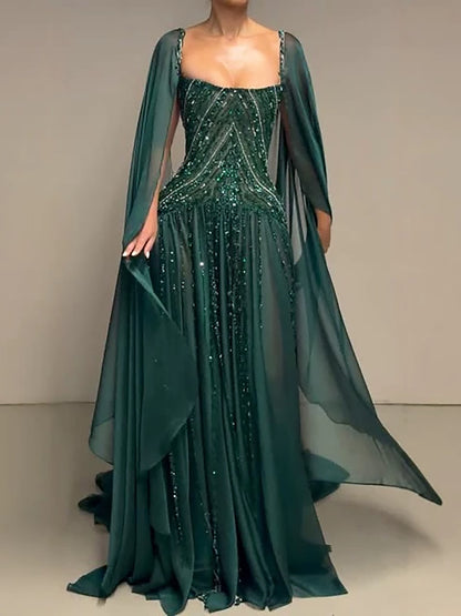 Luxury Green Beaded Cape Sleeves A Line Evening Dress LA73969