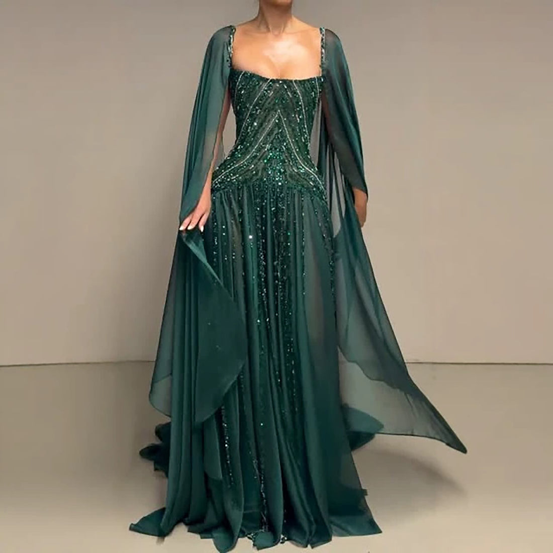 Luxury Green Beaded Cape Sleeves A Line Evening Dress LA73969