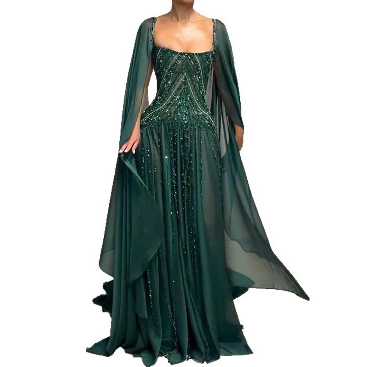 Luxury Green Beaded Cape Sleeves A Line Evening Dress LA73969