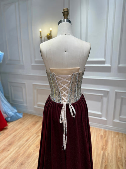 Luxury Wine Red Beaded Strapless Mermaid Evening Gown LA73970
