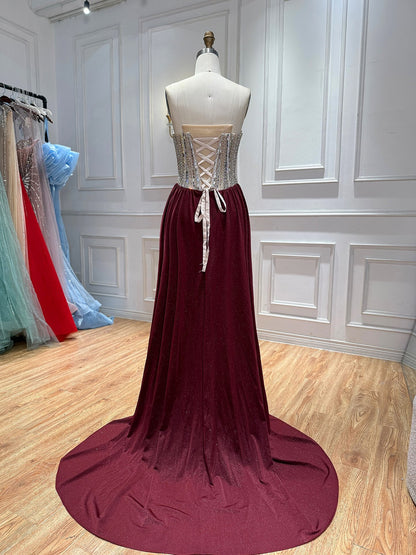 Luxury Wine Red Beaded Strapless Mermaid Evening Gown LA73970