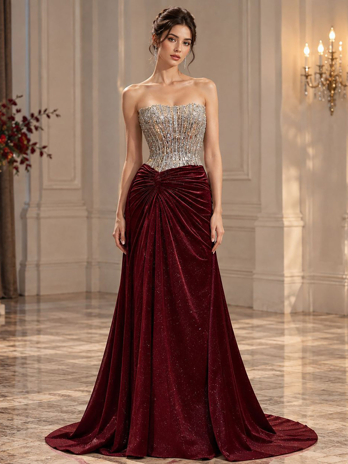 Luxury Wine Red Beaded Strapless Mermaid Evening Gown LA73970