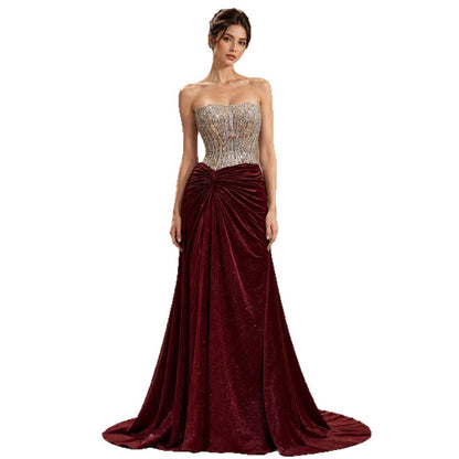 Luxury Wine Red Beaded Strapless Mermaid Evening Gown LA73970