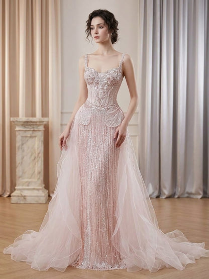 Pink Beaded Spaghetti Strap Mermaid Evening Dress LA73971