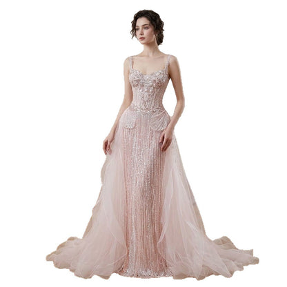 Pink Beaded Spaghetti Strap Mermaid Evening Dress LA73971