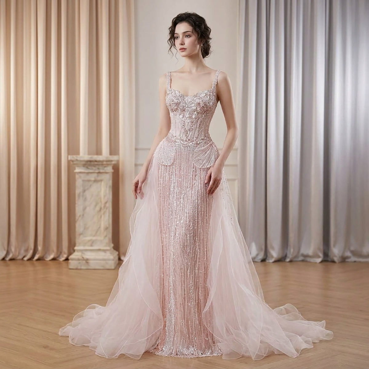 Pink Beaded Spaghetti Strap Mermaid Evening Dress LA73971