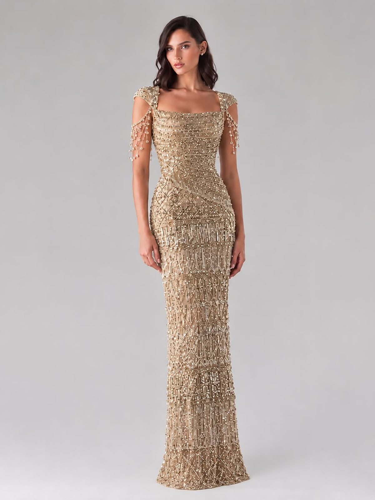 Gold Beaded Tassel Square Neck Mermaid Evening Dress LA73972