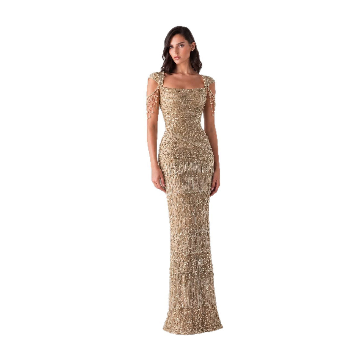 Gold Beaded Tassel Square Neck Mermaid Evening Dress LA73972