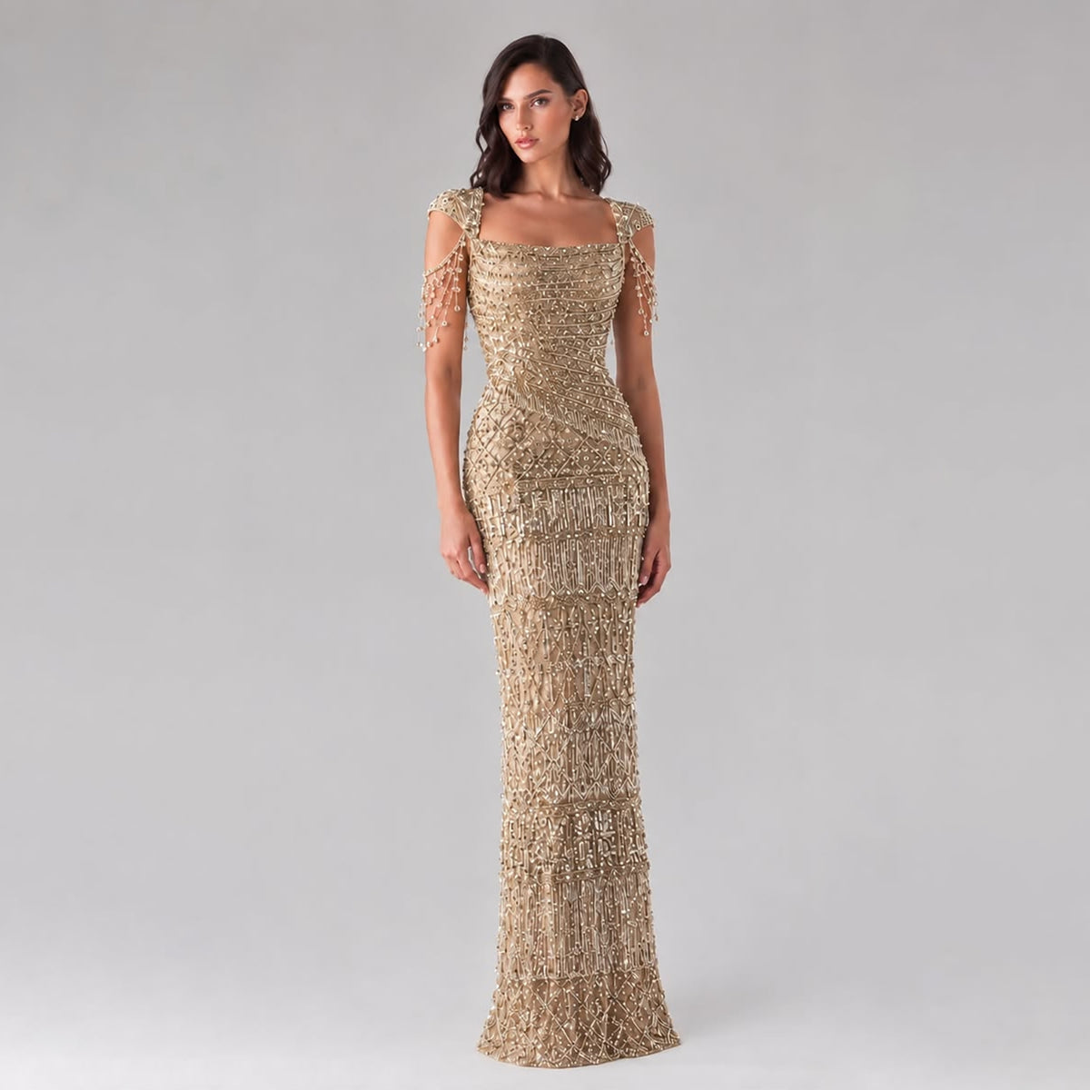 Gold Beaded Tassel Square Neck Mermaid Evening Dress LA73972