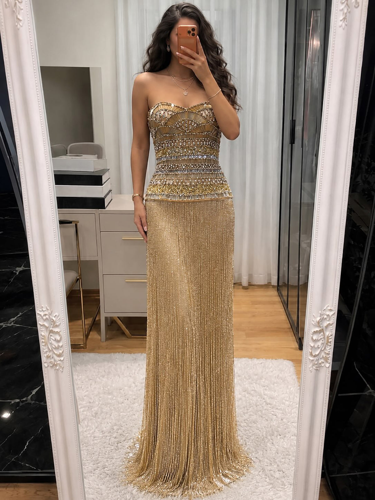 Gold Crystal Beaded Tassel Strapless Column Evening Dress LA73973